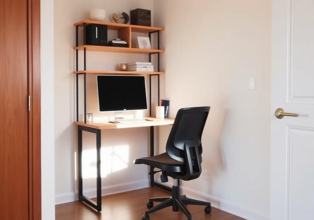 Ambiente compacto com mesa organizada e prateleiras.