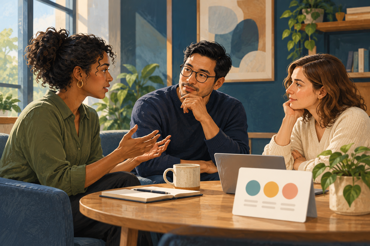 Conversa e escuta entre colegas no ambiente de trabalho.