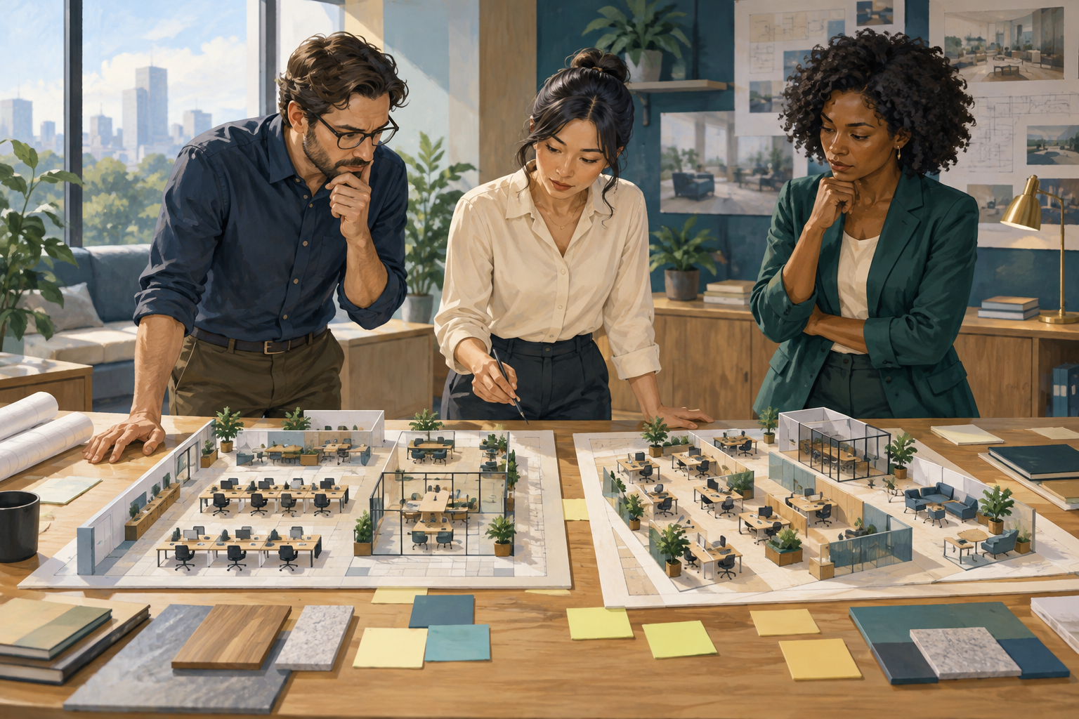 Equipe avaliando diferentes alternativas antes de mudar o espaço de trabalho.