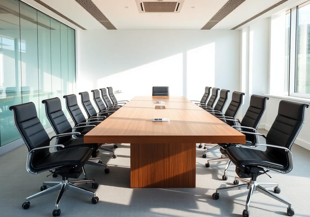 Sala de reunião com mesa ampla e circulação ao redor.