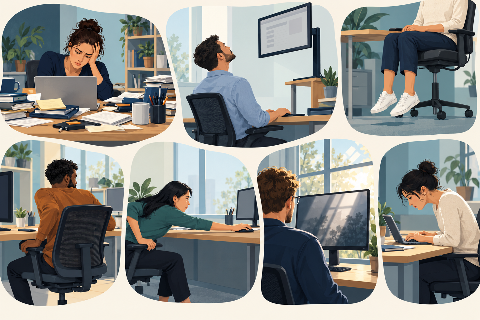 Exemplos ilustrativos de situações inadequadas em estações de trabalho.