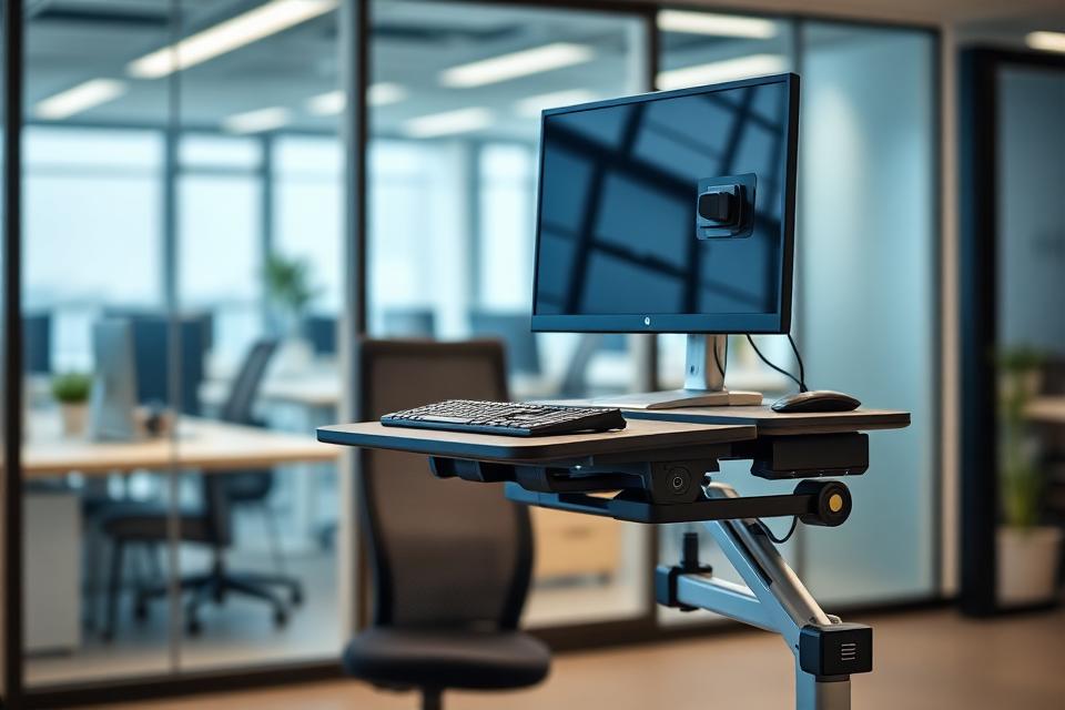 Mesa e suporte ajustável para equipamentos de trabalho.