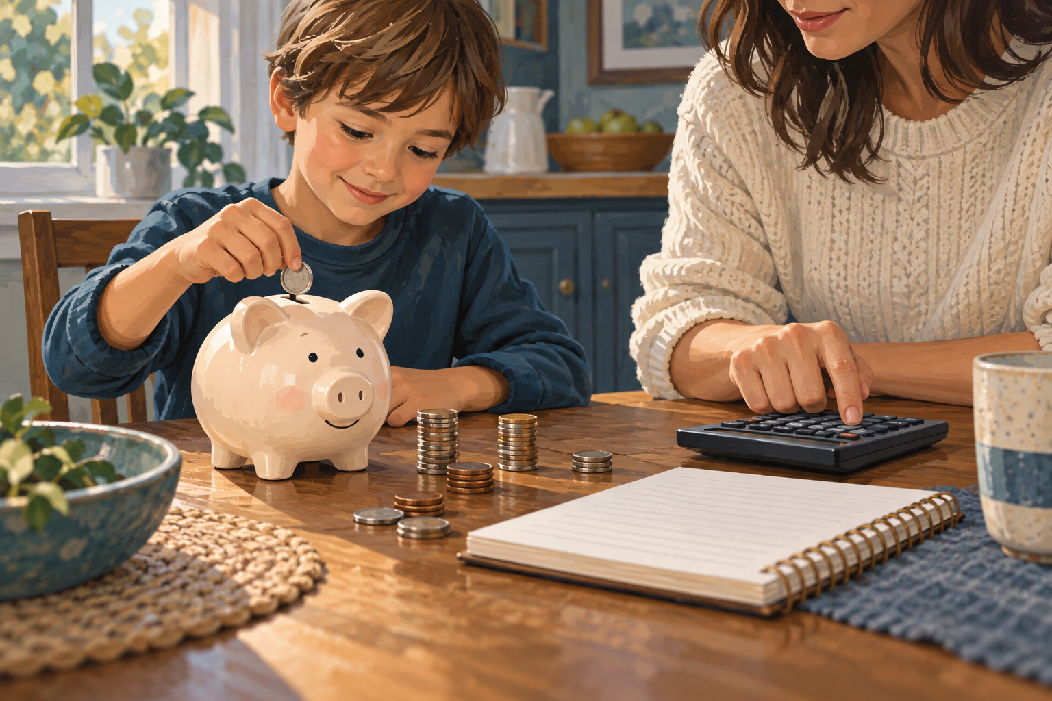 Educação financeira em família, com cofrinho e planejamento da mesada.